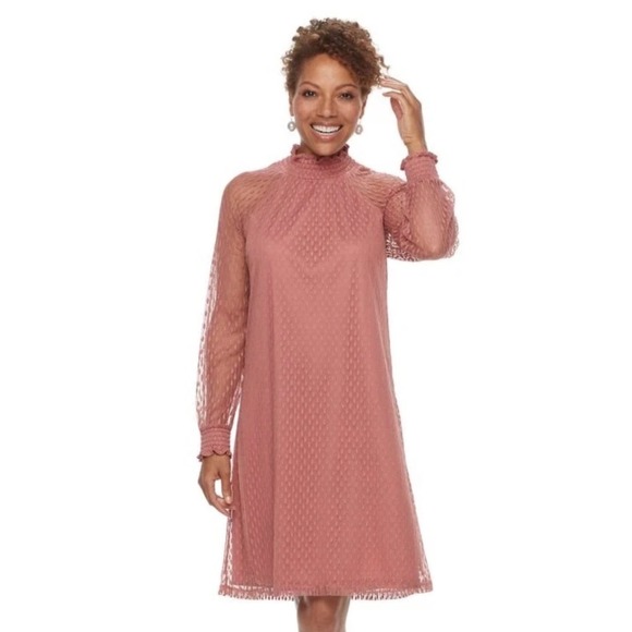 Nina Leonard Dresses & Skirts - Nina Leonard Womens Dusty‎ Rose Pink Smocked Mock Neck Lace Dress Size Large